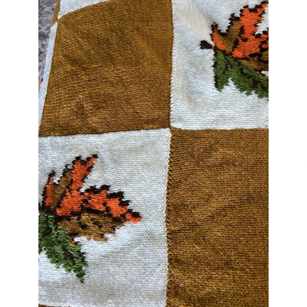 Hand-made Vintage Knitted Fall Colors Maple Leaf  Afghan Throw 65
